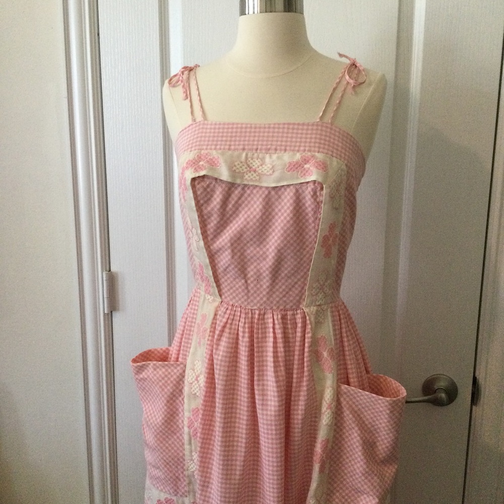 Vintage 1960s Pink Gingham Summer Dress Floral Organza Lace Sz S